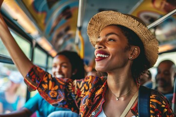 Black woman with an enthusiastic expression pointing out landmarks to her travel companions as they ride the bus together, excitedly discussing the adventures that await them - obrazy, fototapety, plakaty