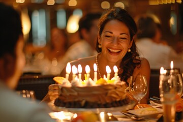 A woman with an ecstatic smile, indulging in a delicious birthday cake adorned with candles as she celebrates with friends and family in the elegant dining room of a luxury cruise ship