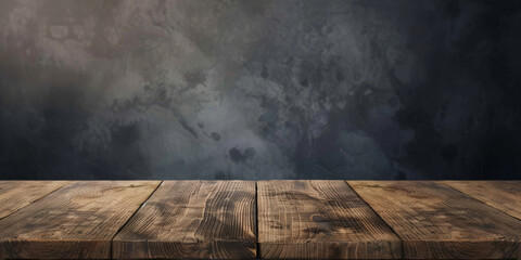Empty wooden table top on dark grey background,  product display presentation and social media banner design template, wooden shelf on black wall background, mockup design,