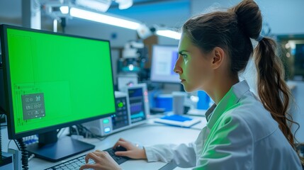 An engineer is looking at the green screen of asus desktop  