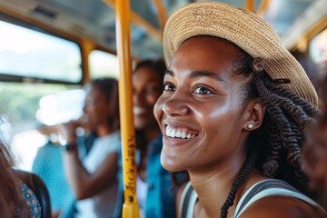 Black woman with a joyful smile, chatting with fellow passengers on the bus as they share stories and laughter, creating connections and camaraderie on their shared vacation journey