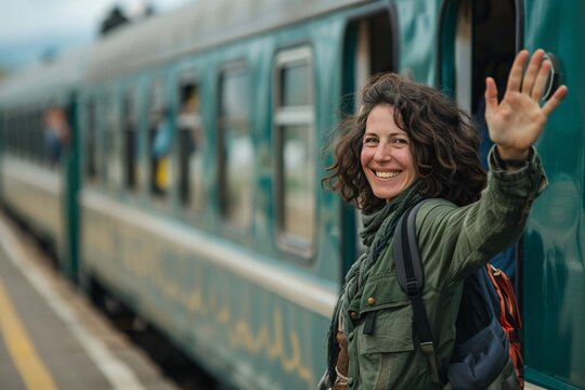 Woman with a joyful smile, waving goodbye to loved ones on the platform as she boards her train for her vacation adventure, the promise of new experiences and cherished memories ahead