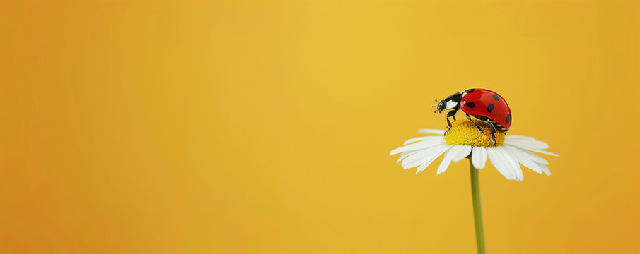 A ladybug perched on a daisy isolated on a yellow background. Concept banner, spring, web, advertisement.