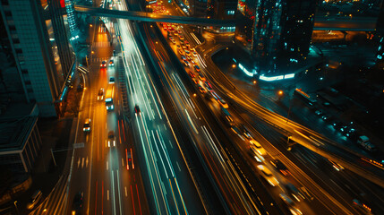 Fototapeta na wymiar Aerial view of Road Traffic on multiple lane highway with speed light trail from car background, Expressway road in metropolis city center at night 