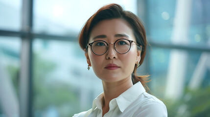 Adult Korean business woman, wearing glasses, with a formal slick hairstyle, in a modern office building