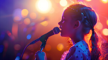 Young girl at a talent show singing with a microphone