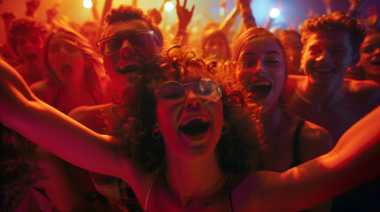 Front row of a concert with a group of excited music fans looking into the camera, singing and dancing