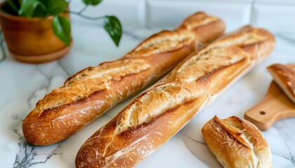 French baguette on kitchen table   stock photo of traditional french bread in rustic kitchen setting