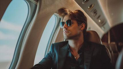 Rich billionaire young handsome man on a seat of his private jet