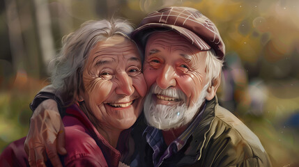 Outdoor senior couple enjoying a happy lifestyle in retirement together, smiling with love amidst nature