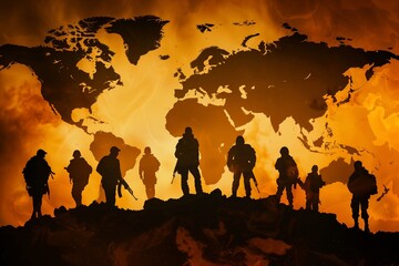 Silhouette of soldiers against world map