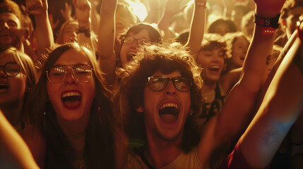 Front row of a concert with a group of excited music fans looking into the camera, singing and dancing