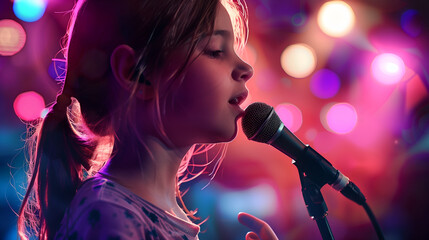 Young girl at a talent show singing with a microphone