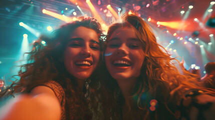 Selfie image of two young women at a concert in a giant indoor arena