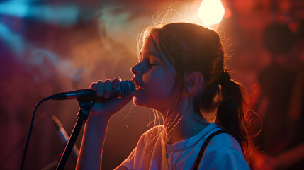 Young girl at a talent show singing with a microphone