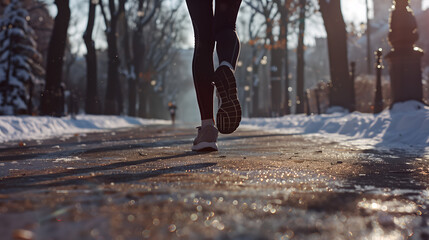 Legs of a female runner jogging in a park on a winter afternoon, active lifestyle, winter exercise