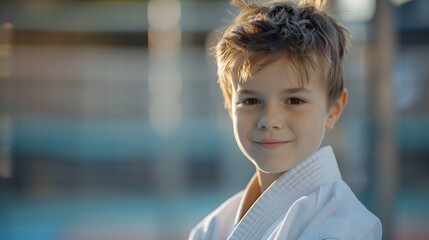 Happy European boy at Judo or Karate training lesson, looking at the camera