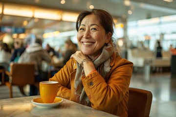 Asian woman with a happy expression, seated at a café table in the airport lounge, sipping on a cup of coffee or tea while waiting for her flight to be called - obrazy, fototapety, plakaty