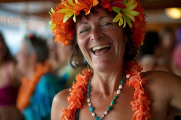 Woman with a gleeful grin, attending a vibrant themed party onboard a cruise ship, whether it's a tropical luau - obrazy, fototapety, plakaty