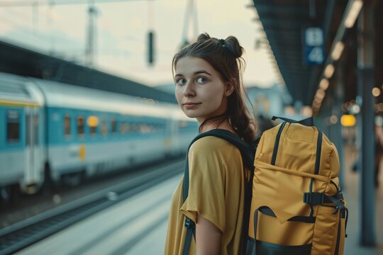 Young woman with a determined look, double-checking her luggage at the station before boarding her train, ensuring that everything is packed and organized for a smooth and enjoyable vacation journey