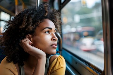 Black woman with a contemplative gaze staring out the window of the bus, lost in thought as she reflects on past travels and looks forward to the adventures that lie ahead - obrazy, fototapety, plakaty