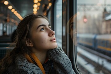 Young woman with a contemplative gaze, gazing out the window of the train station at the passing trains, lost in thought as she envisions the adventures