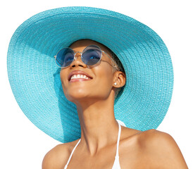 Smiling girl wearing a turquoise sun hat, blue sunglasses and bikini, African latin American woman isolated on white background. Concept of a seaside holiday or shopping for a summer beach holiday