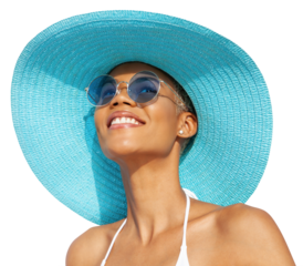 Smiling girl wearing a turquoise sun hat, blue sunglasses and bikini, African latin American woman isolated on white background. Concept of a seaside holiday or shopping for a summer beach holiday