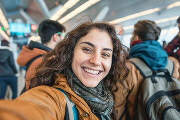 Young woman with a beaming smile, taking a selfie or group photo with fellow travelers in front of the departure gate