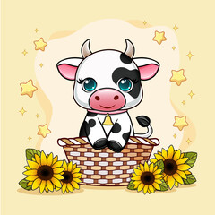 Cute cartoon Cow with sunflowers