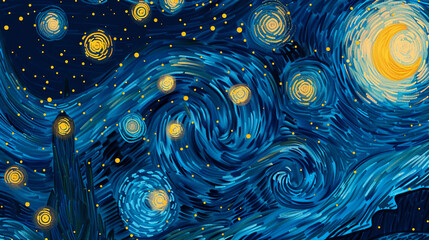 Seamless pattern of sky in style of Van Gogh Starry Night. Starry Night with yellow circles, swirling and dots in blue color - obrazy, fototapety, plakaty