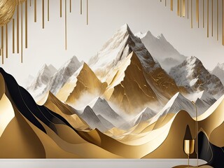 Illustration of a mountain range in gold, abstract art of a landscape with mountains, luxurious wallpaper, wall art decorating, and high-end advertisement
