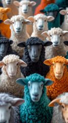 Fototapeta premium Colorful sheep together in harmony, symbolizing unity despite differences