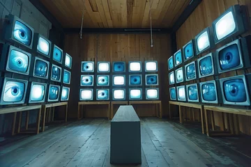 Foto op Plexiglas Surveillance TV Wall, Realistic fish-eye lens capture of diverse television surveillance © Pongsapak