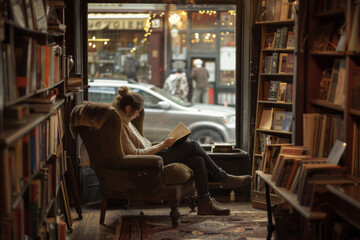 A reader is immersed in a book by a window seat in a bookstore, with soft, inviting light