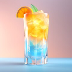 Blue-yellow cocktail in a glass. A slice of orange on the edge. Blue table. Pastel pink background.