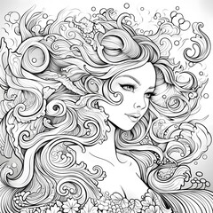 A coloring book for adults. A beautiful girl with long hair.