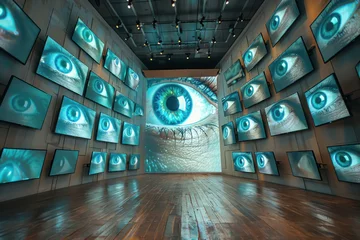 Fotobehang Surveillance TV Wall, Realistic fish-eye lens capture of diverse television surveillance © Pongsapak