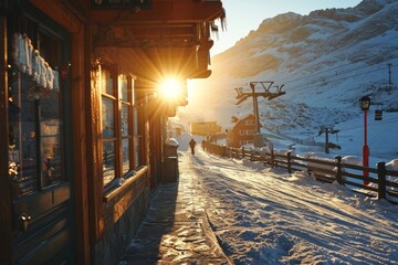 Sunset casts a golden glow on a snowy ski village with rustic buildings and a ski lift, a person walks away in the distance. Concept: winter family sports and recreation