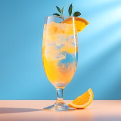 Yellow cocktail with ice in a glass. A slice of orange and a sprig of mint. Blue background with shadows.