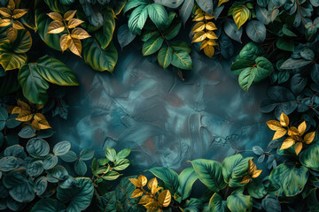Plant-Framed Background, Dense plant background with golden frames, Lush and decorative - obrazy, fototapety, plakaty