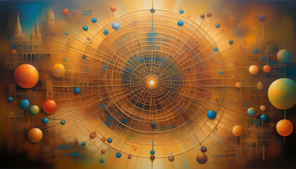 An oil painting of a complex matrix system, with intricate lines and symbols illuminated by a soft...