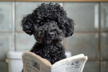 Goldendoodle Newspaper Time, Fluffy doodle reading about poodles, Studio-quality, atmospheric