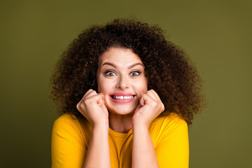 Portrait of young overjoyed funny woman with chevelure touch cheeks fists up desire successful isolated on khaki color background