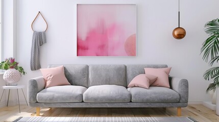 Cozy Modern Living Room with Grey Sofa, Pink Accents, and Abstract Art, Stylish Interior Design Digital Illustration