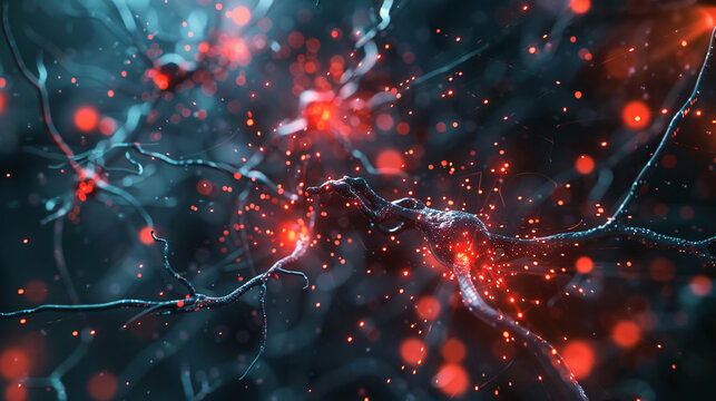 Close up active nerve cells. Human brain stimulation with neurons, level of mind, intellectual achievements, development of mental abilities concept