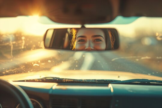 A close-up of a smiling woman adjusting the rearview mirror inside a car, ready to embark on a vacation adventure