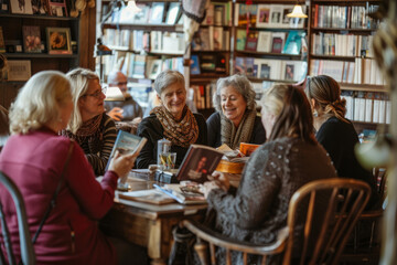 Six elderly women are enjoying conversation and books in a cozy cafe setting, exuding warmth and community spirit