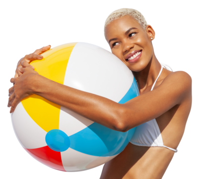 Smiling girl holds inflatable beach ball, wearing bikini feels great, African latin American woman isolated on white background. Concept of a seaside holiday or shopping for a summer beach holiday