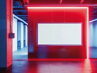 Futuristic red gym wall with interactive digital display for mockup advertising in a high-tech fitness environment